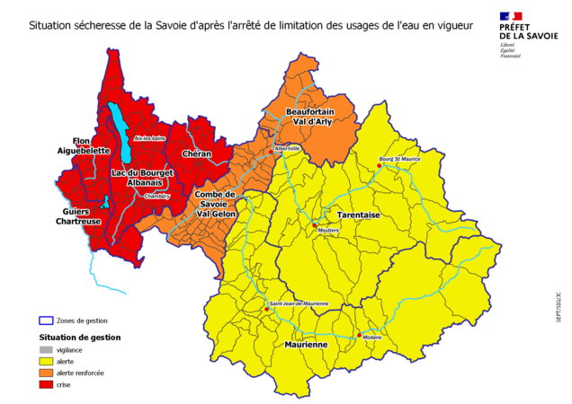 Situation sécheresse de la Savoie d'après l'arrêté de limitation des usages de l'eau en vigueur